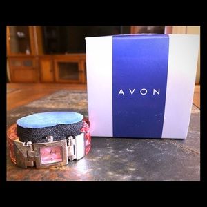 Avon Clear & Coral Floral Cuff Watch
